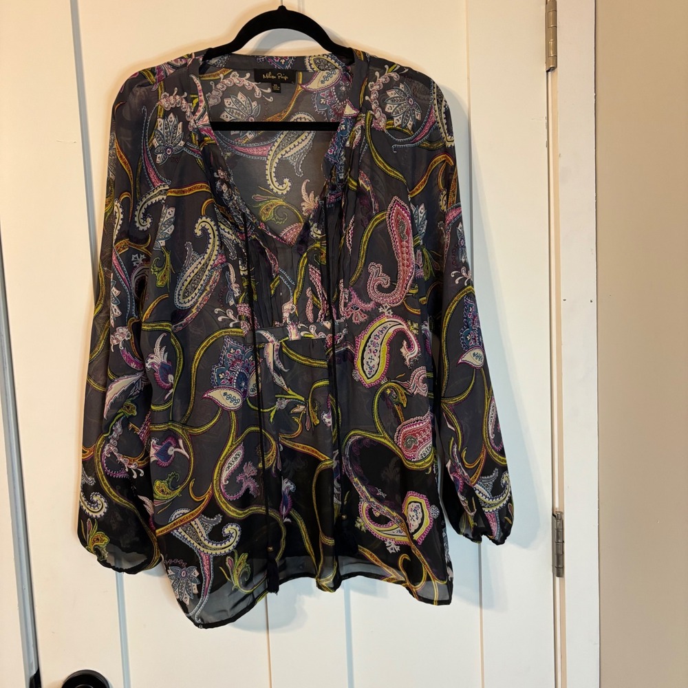 Melissa Paige Paisley Chiffon Blouse‎ XL Sheer Boho Tassel Tie Top Grey Multi